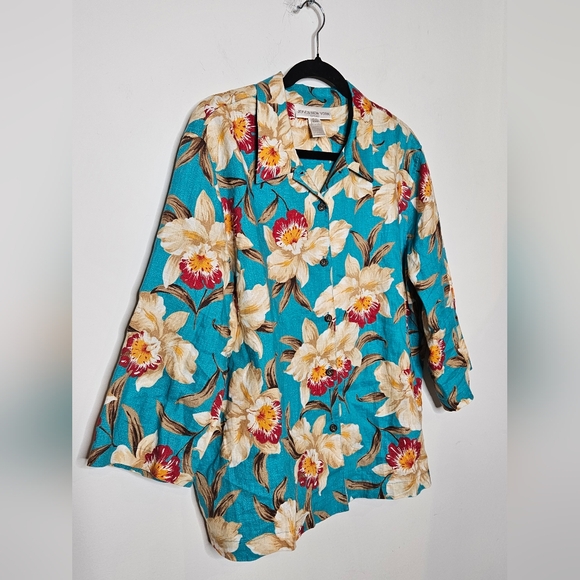 Jones New York Sport 100% Linen Floral Hawaiian Button-Up Womens XL Top Tropical - Picture 2 of 5